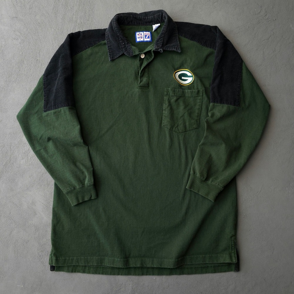 Vintage 90s Logo 7 Green Green Bay Packers Rugby Shirt XL Corduroy Collar Pocket